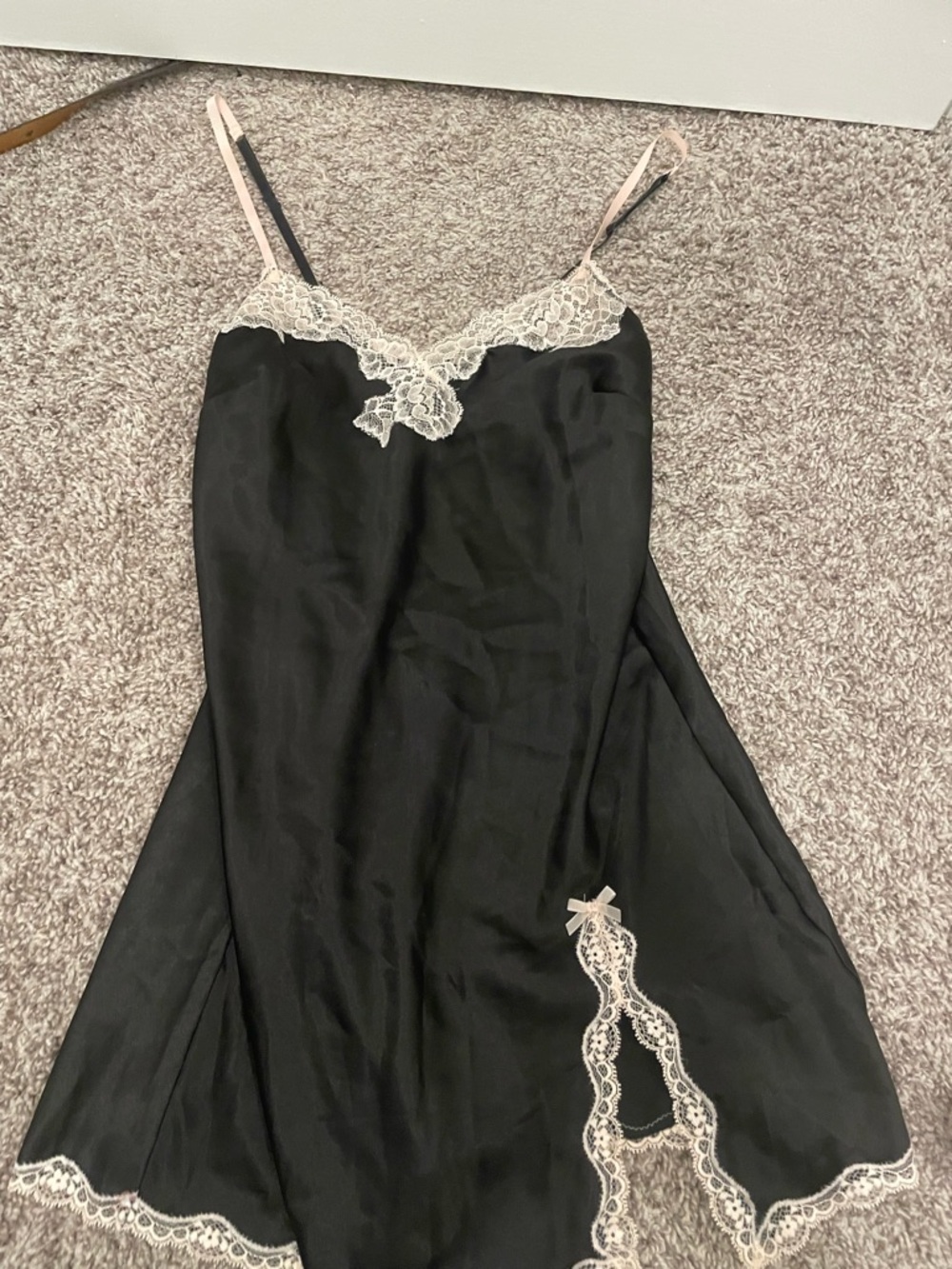 Victoria's Secret Black Satin Slip with Cream Lace Trim